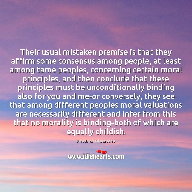 Their usual mistaken premise is that they affirm some consensus among people, Friedrich Nietzsche Picture Quote