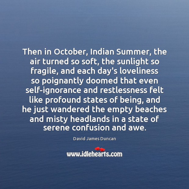 Then in October, Indian Summer, the air turned so soft, the sunlight David James Duncan Picture Quote