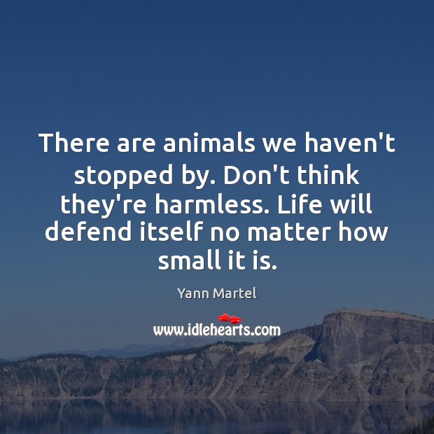 There are animals we haven’t stopped by. Don’t think they’re harmless. Life Yann Martel Picture Quote