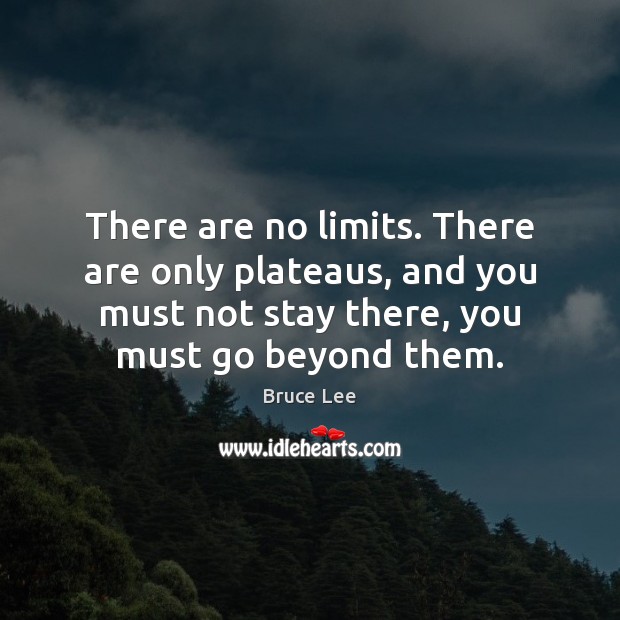 There are no limits. There are only plateaus, and you must not Bruce Lee Picture Quote