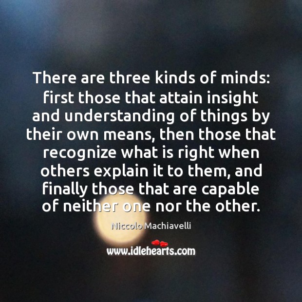 There are three kinds of minds: first those that attain insight and Niccolo Machiavelli Picture Quote