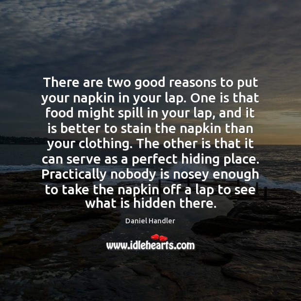 There are two good reasons to put your napkin in your lap. Daniel Handler Picture Quote