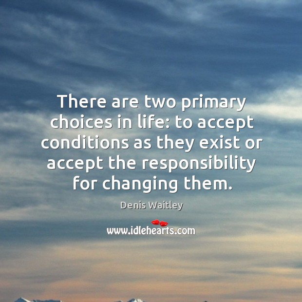 There are two primary choices in life: to accept conditions as they exist or accept the responsibility for changing them. Denis Waitley Picture Quote