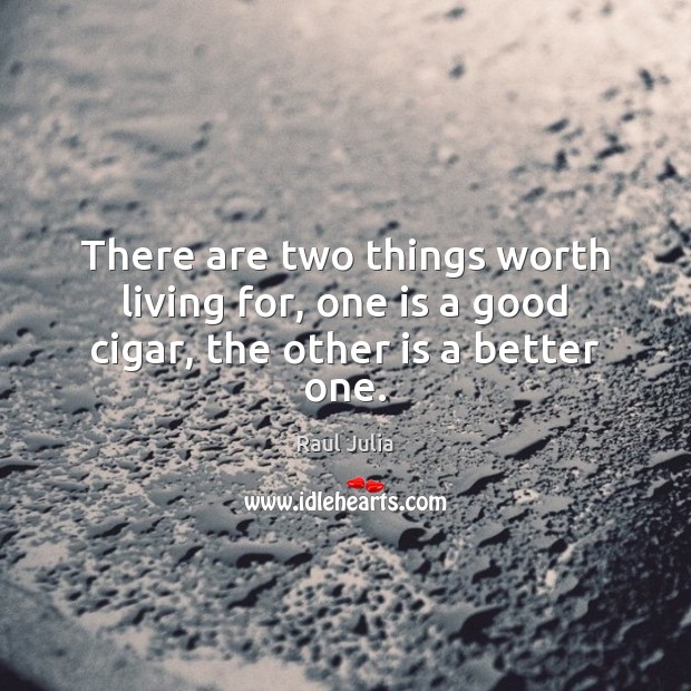 There are two things worth living for, one is a good cigar, the other is a better one. Raul Julia Picture Quote