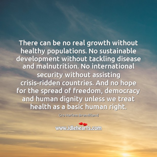 There can be no real growth without healthy populations. No sustainable development Gro Harlem Brundtland Picture Quote