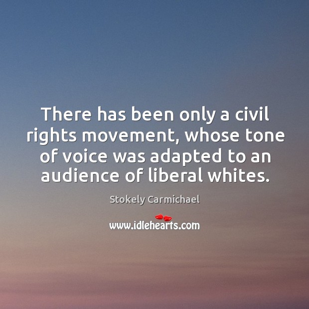 There has been only a civil rights movement, whose tone of voice was adapted to an audience of liberal whites. Stokely Carmichael Picture Quote