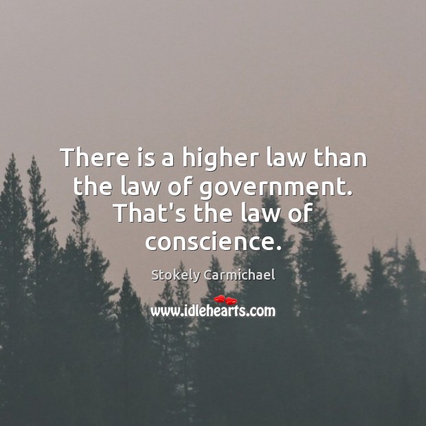 There is a higher law than the law of government. That’s the law of conscience. Stokely Carmichael Picture Quote