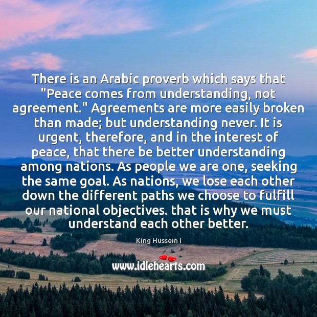 There is an Arabic proverb which says that “Peace comes from understanding, 