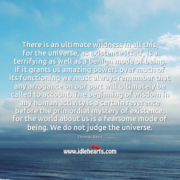 There is an ultimate wildness in all this, for the universe, as Thomas Berry Picture Quote