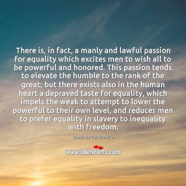 There is, in fact, a manly and lawful passion for equality which Alexis de Tocqueville Picture Quote