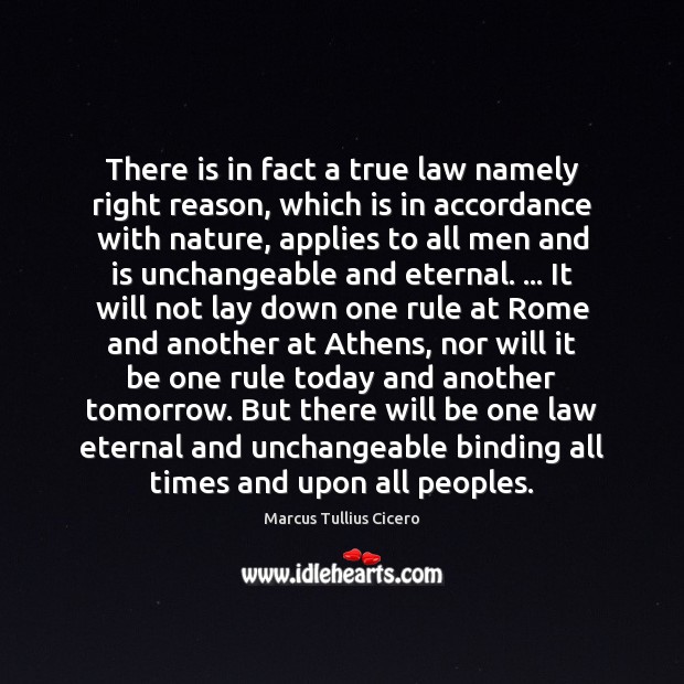There is in fact a true law namely right reason, which is Marcus Tullius Cicero Picture Quote