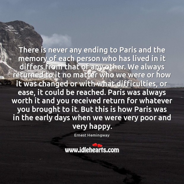There is never any ending to Paris and the memory of each Ernest Hemingway Picture Quote