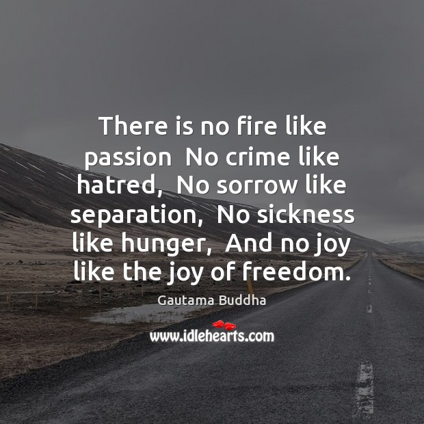 There is no fire like passion  No crime like hatred,  No sorrow Gautama Buddha Picture Quote