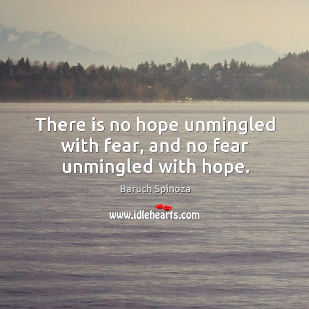 There is no hope unmingled with fear, and no fear unmingled with hope. Baruch Spinoza Picture Quote