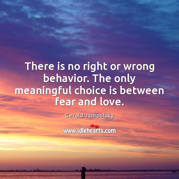 There is no right or wrong behavior. The only meaningful choice is between fear and love. Gerald Jampolsky Picture Quote