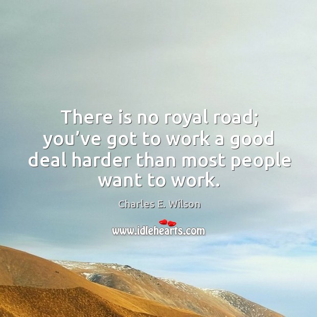 There is no royal road; you’ve got to work a good deal harder than most people want to work. Charles E. Wilson Picture Quote