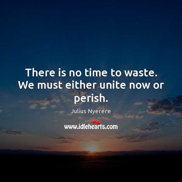 There is no time to waste. We must either unite now or perish. Julius Nyerere Picture Quote