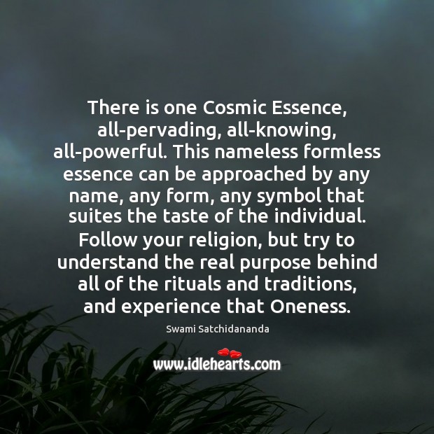 There is one Cosmic Essence, all-pervading, all-knowing, all-powerful. This nameless formless essence Swami Satchidananda Picture Quote