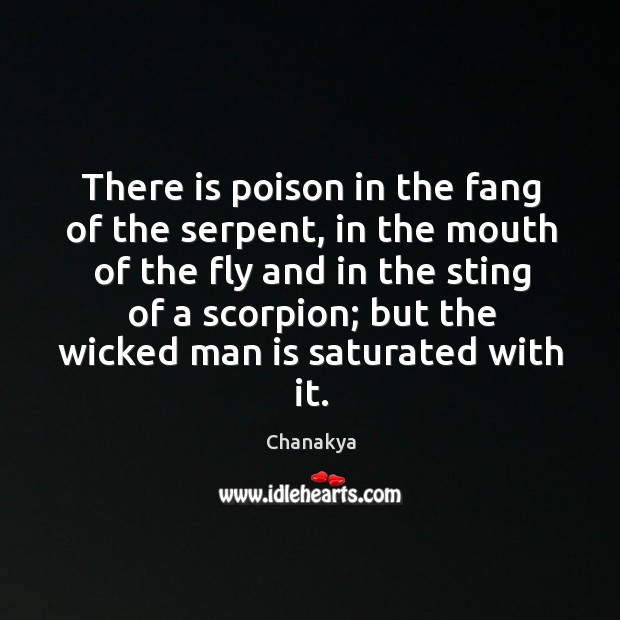 There is poison in the fang of the serpent, in the mouth of the fly and in the sting Chanakya Picture Quote