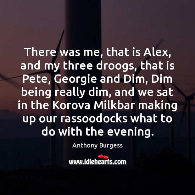 There was me, that is Alex, and my three droogs, that is Image