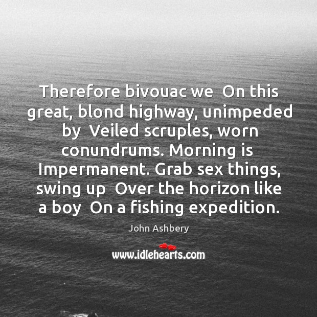 Therefore bivouac we  On this great, blond highway, unimpeded by  Veiled scruples, John Ashbery Picture Quote