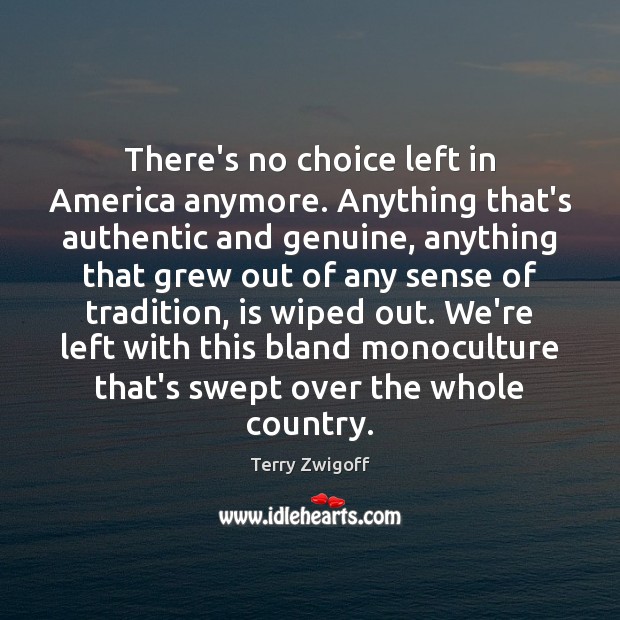 There’s no choice left in America anymore. Anything that’s authentic and genuine, Terry Zwigoff Picture Quote