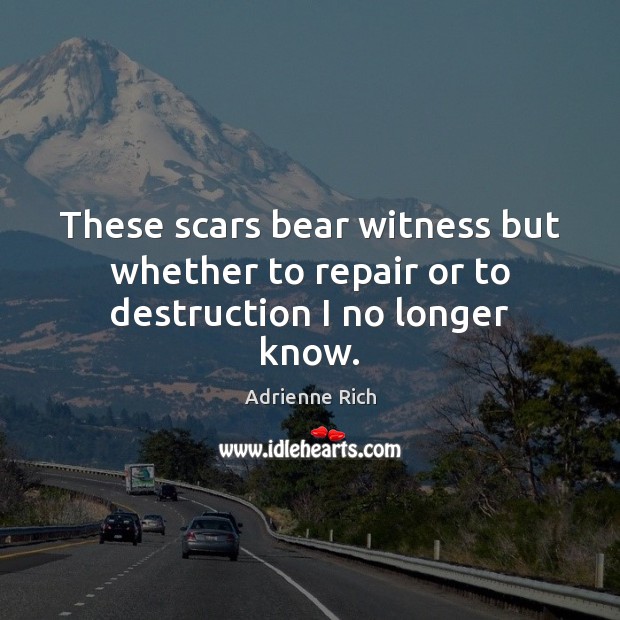 These scars bear witness but whether to repair or to destruction I no longer know. Adrienne Rich Picture Quote