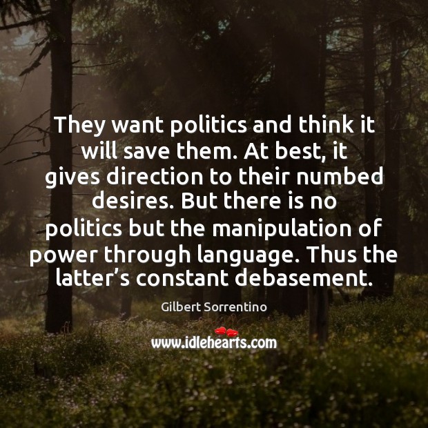 They want politics and think it will save them. At best, it Gilbert Sorrentino Picture Quote