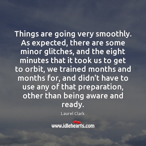 Things are going very smoothly. As expected, there are some minor glitches, Laurel Clark Picture Quote