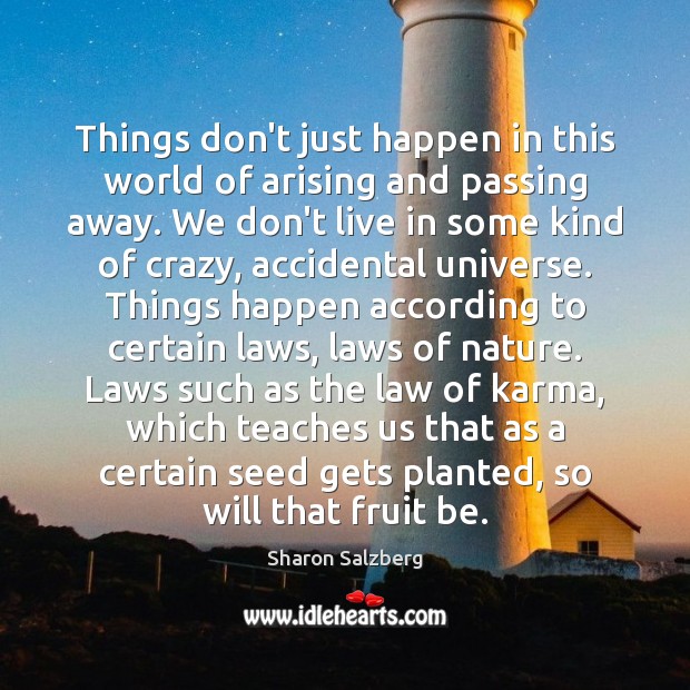 Things don’t just happen in this world of arising and passing away. Sharon Salzberg Picture Quote