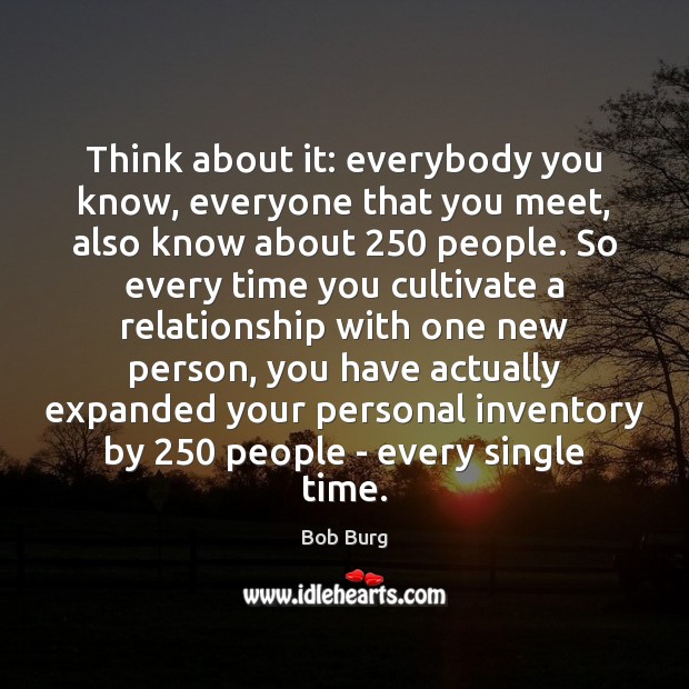 Think about it: everybody you know, everyone that you meet, also know Bob Burg Picture Quote