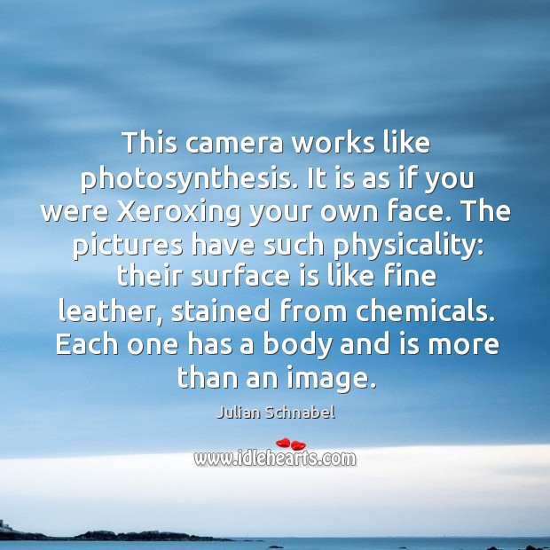 This camera works like photosynthesis. It is as if you were xeroxing your own face. Julian Schnabel Picture Quote