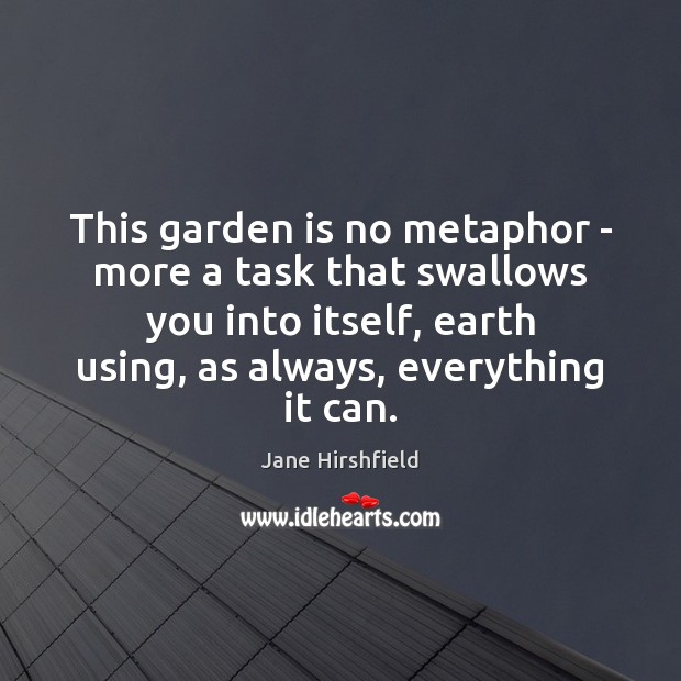 This garden is no metaphor – more a task that swallows you Jane Hirshfield Picture Quote