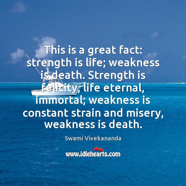 This is a great fact: strength is life; weakness is death. Strength Swami Vivekananda Picture Quote