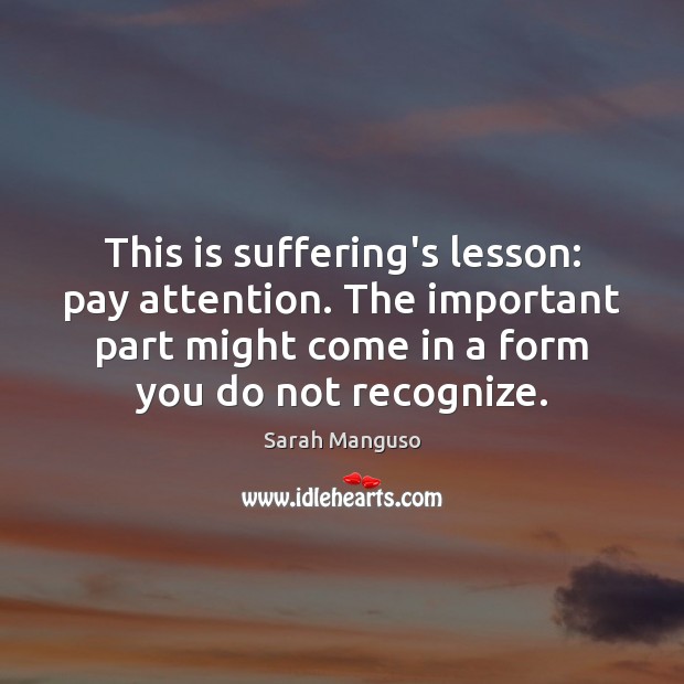 This is suffering’s lesson: pay attention. The important part might come in Sarah Manguso Picture Quote