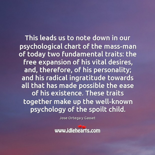 This leads us to note down in our psychological chart of the mass-man of today two fundamental traits: Jose Ortega y Gasset Picture Quote