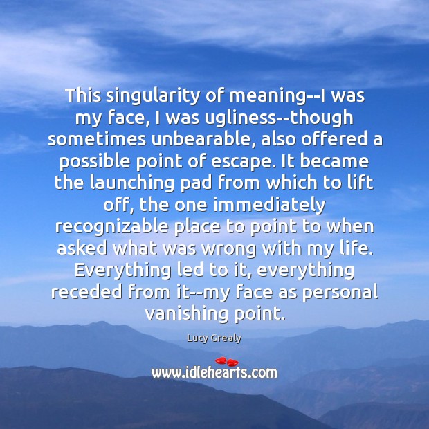 This singularity of meaning–I was my face, I was ugliness–though sometimes unbearable, 