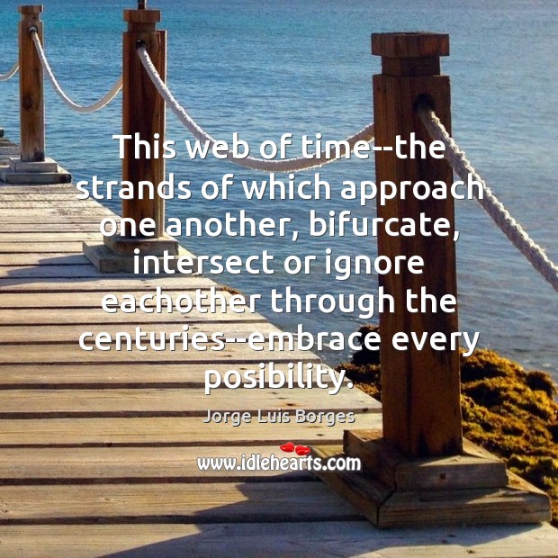 This web of time–the strands of which approach one another, bifurcate, intersect Jorge Luis Borges Picture Quote