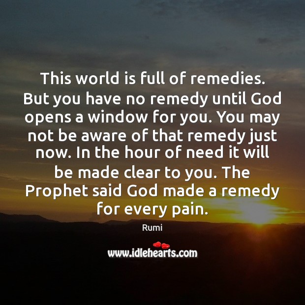 This world is full of remedies. But you have no remedy until Rumi Picture Quote