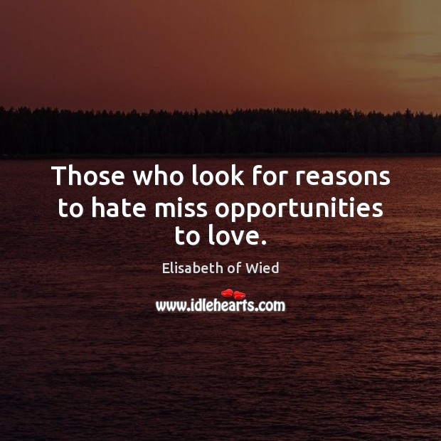 Those who look for reasons to hate miss opportunities to love. Elisabeth of Wied Picture Quote