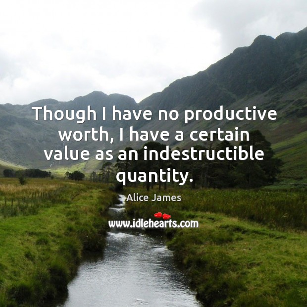 Though I have no productive worth, I have a certain value as an indestructible quantity. Alice James Picture Quote