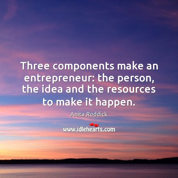 Three components make an entrepreneur: the person, the idea and the resources Anita Roddick Picture Quote