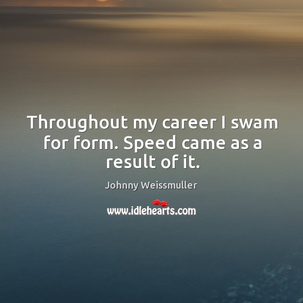 Throughout my career I swam for form. Speed came as a result of it. Johnny Weissmuller Picture Quote