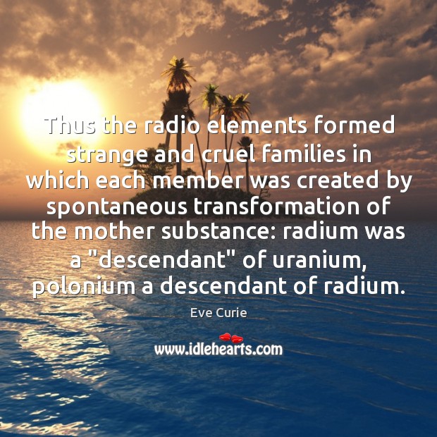 Thus the radio elements formed strange and cruel families in which each Eve Curie Picture Quote