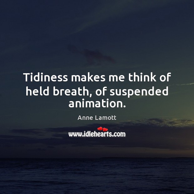Tidiness makes me think of held breath, of suspended animation. Anne Lamott Picture Quote
