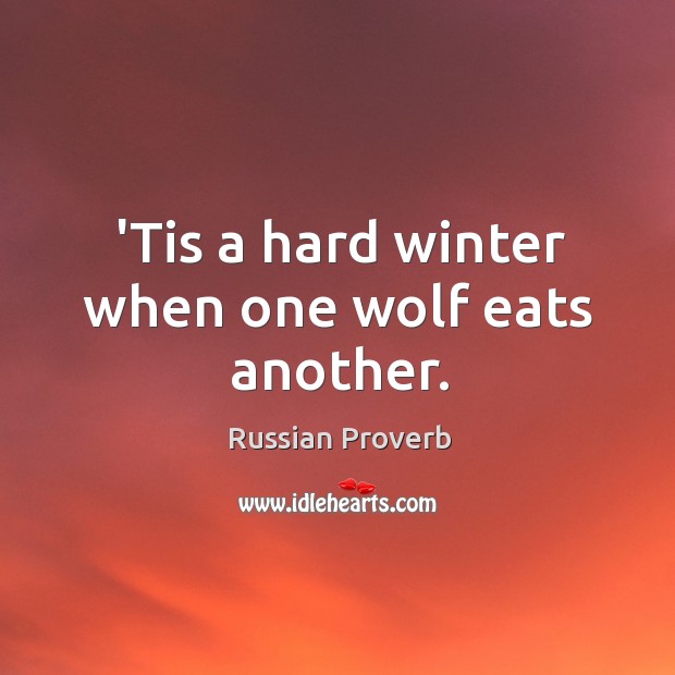 ’tis a hard winter when one wolf eats another. Russian Proverbs Image