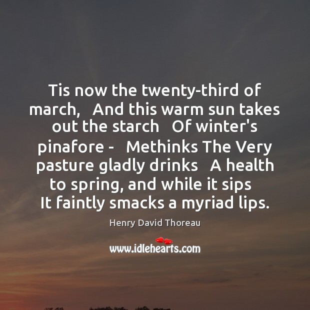 Tis now the twenty-third of march,   And this warm sun takes out Henry David Thoreau Picture Quote