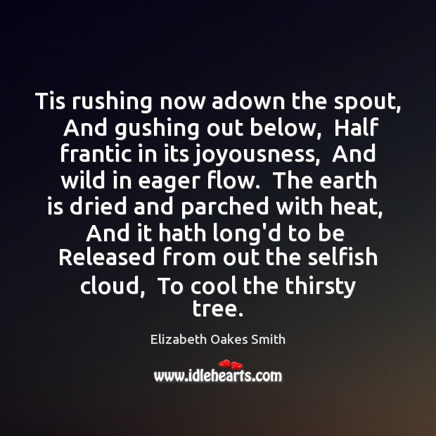 Tis rushing now adown the spout,  And gushing out below,  Half frantic Elizabeth Oakes Smith Picture Quote