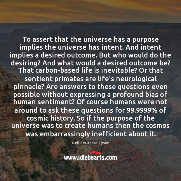 To assert that the universe has a purpose implies the universe has Neil deGrasse Tyson Picture Quote
