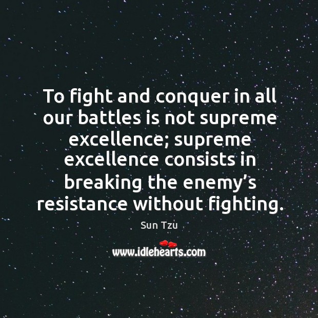 To fight and conquer in all our battles is not supreme excellence; Sun Tzu Picture Quote
